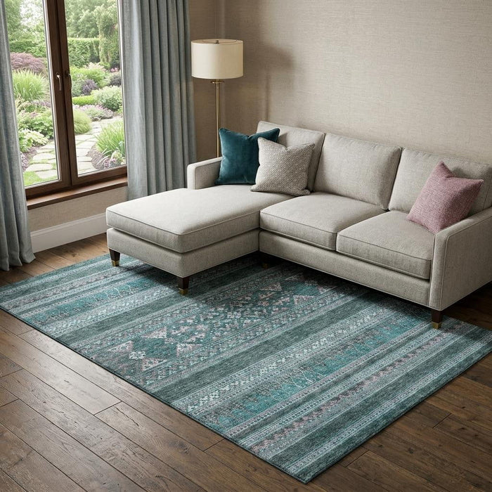 9' X 12' Southwestern Washable Area Rug With UV Protection (657460) - Teal / Ivory