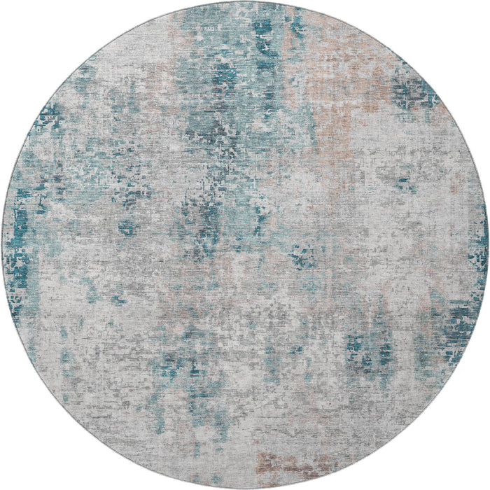 8' Copper Abstract Washable Round Rug With UV Protection - Teal