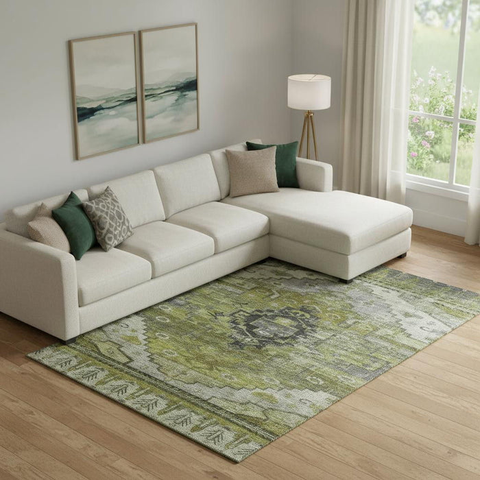 10' X 14' Oriental Washable Area Rug With UV Protection (701039) - Olive Green / Gray / Ivory