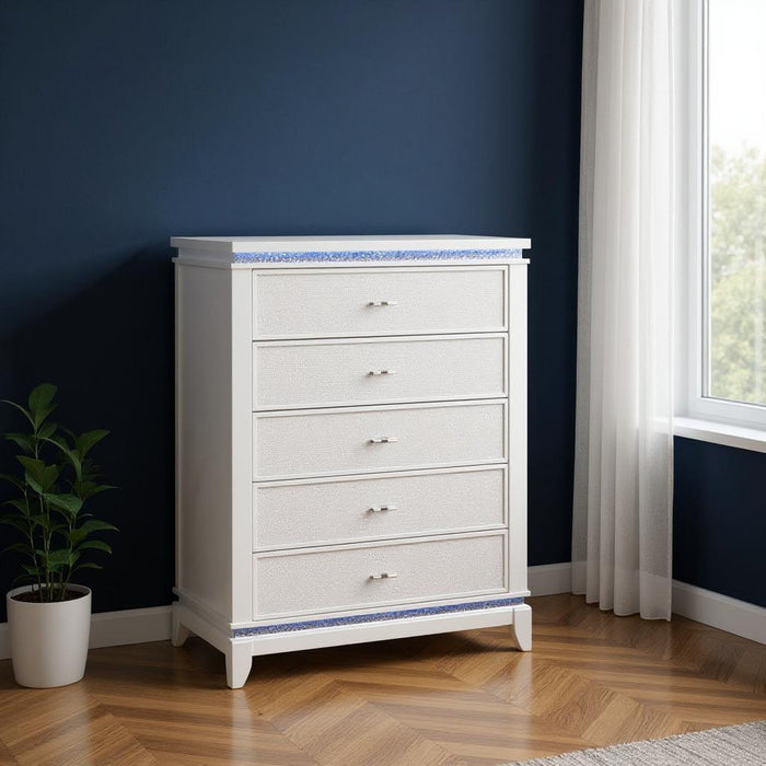 36" Faux Crystal Glitter Wood Lighted Five Drawer Dresser - White