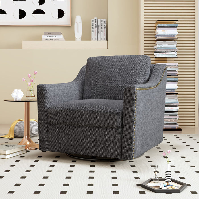 Giga 360-degree swivel armchair with skin-friendly fabric, ergonomic design, and brass nail decorative accents.