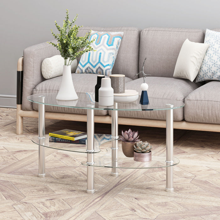 Transparent oval glass coffee table with oak wood legs, modern 3-layer design, ideal for living room decor by Giga.