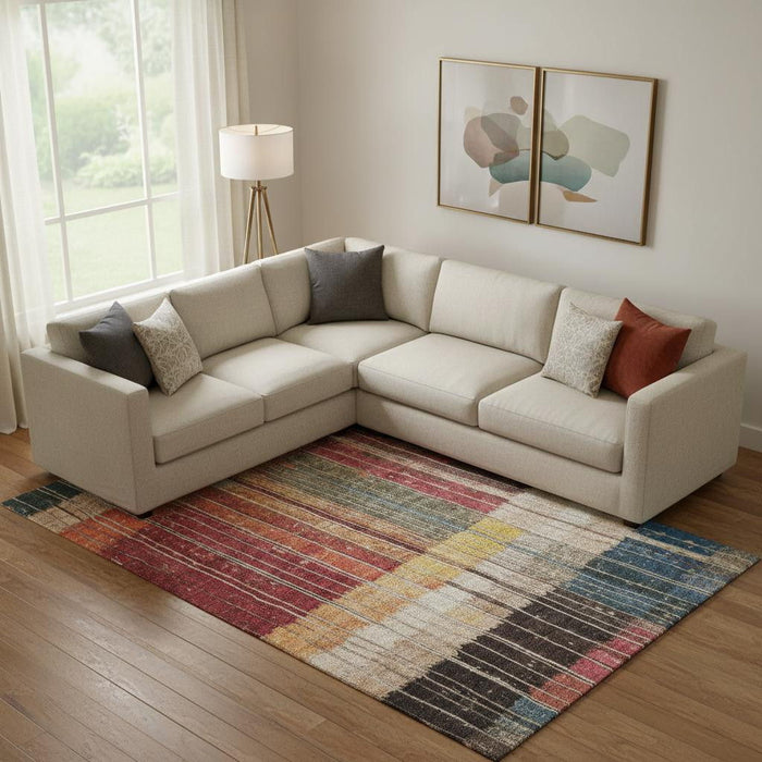 10' X 14' Striped Washable Area Rug With UV Protection (709516) - Beige / Red / Blue