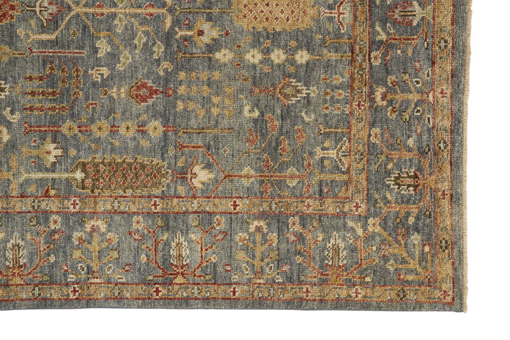 9.5' x 13.5' Wool Floral Hand Knotted Stain Resistant Area Rug With Fringe - Gray Gold And Red