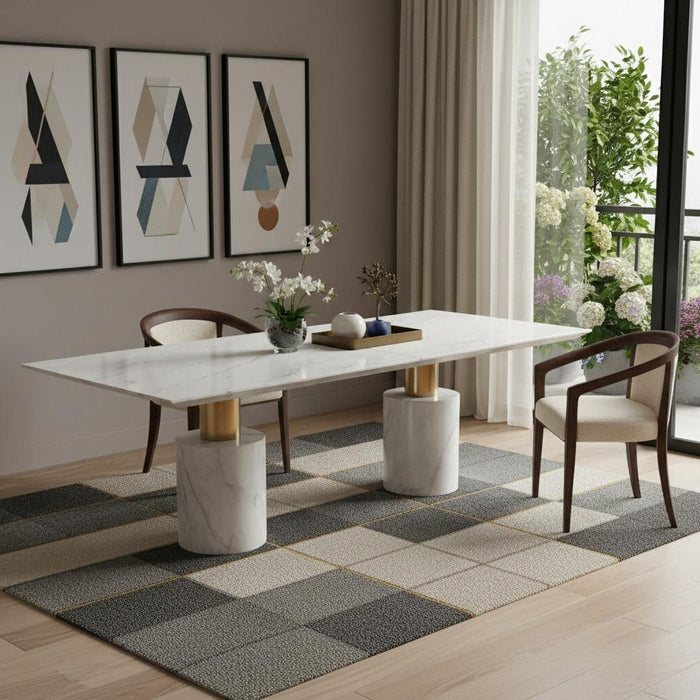 Marble Steel Double Pedestal Base Dining Table - White / Gold