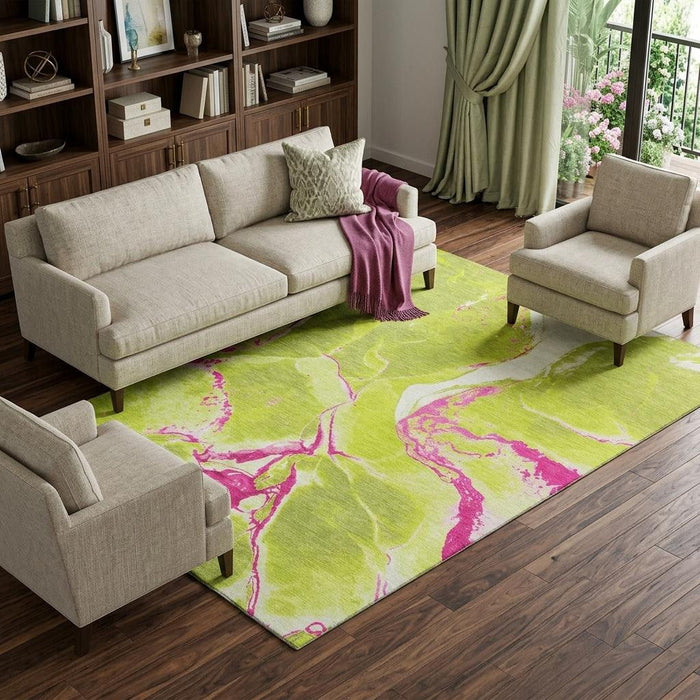 10' X 14' Abstract Washable Area Rug With UV Protection (678946) - Lime Green / Pink / Ivory