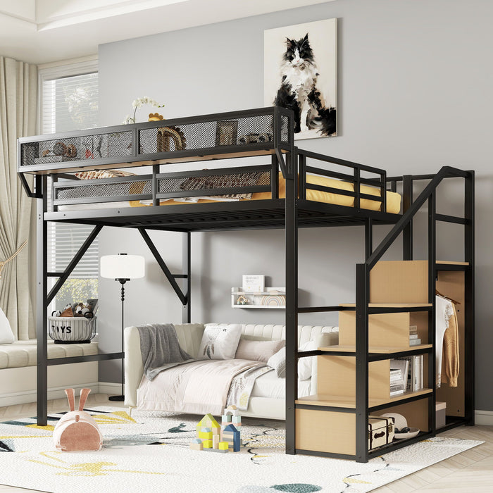 Black queen size Giga loft bed with stairs, storage shelves, and wardrobe, featuring a wood finish and modern design.