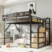 Black queen size Giga loft bed with stairs, storage shelves, and wardrobe, featuring a wood finish and modern design.