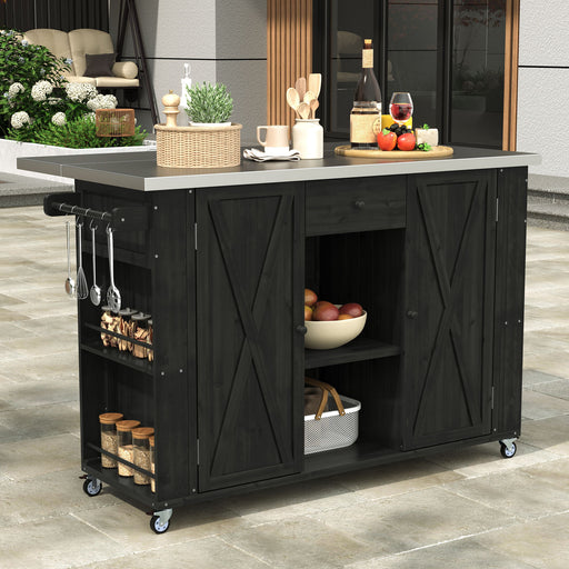 Giga outdoor kitchen island with stainless steel top, ample storage, towel and spice racks, and a built-in bottle opener.