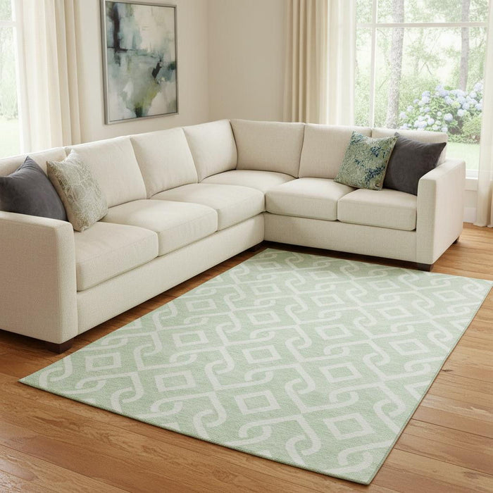 10' X 14' Geometric Washable Area Rug With UV Protection (652533) - Mint Green / Ivory