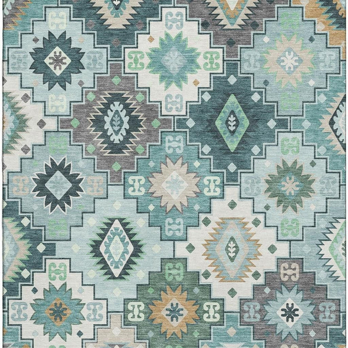 10' X 14' Geometric Washable Area Rug With UV Protection (718671) - Teal / Ivory