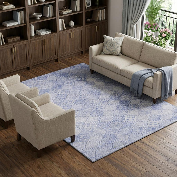 10' X 14' Geometric Washable Area Rug With UV Protection (683854) - Sky Blue / Ivory