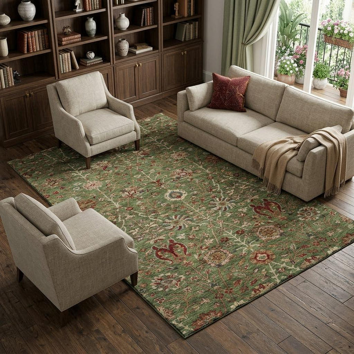 10' X 14' Floral Washable Area Rug With UV Protection (683974) - Fern Green / Red / Ivory