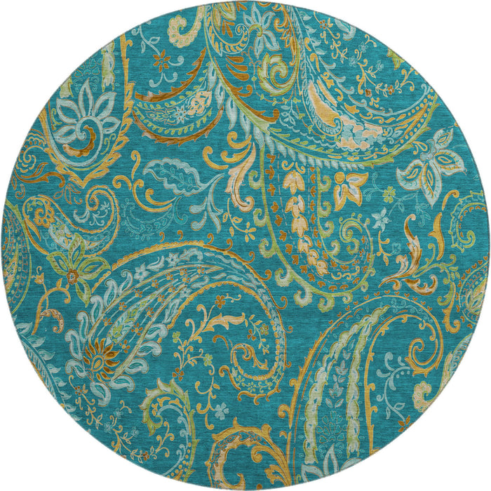 8' Paisley Distressed Washable Round Rug With UV Protection (648007) - Teal / Green / Gold