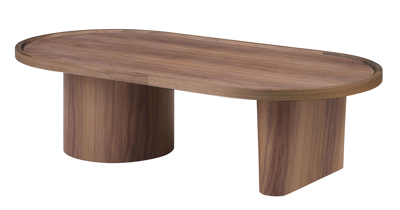 Modern All-Wood Oval Coffee Table | Walnut Veneer Cocktail Table with Pedestal Base