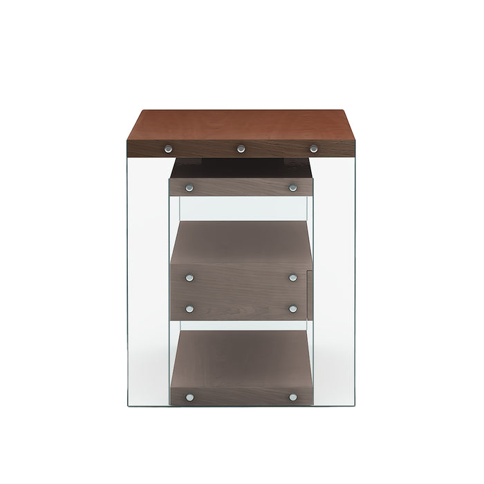 Reversible walnut wooden desk with glass panels, drawers, and shelves by Chintaly, featuring a rotatable design for versatile workspace setup.