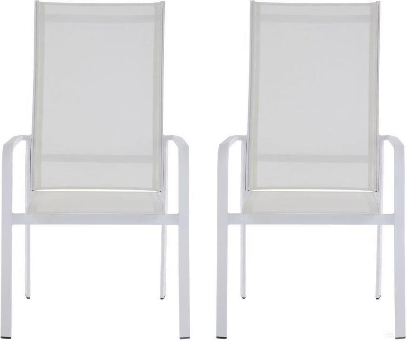 Pair of Chintaly Malibu outdoor chairs with white mesh sling seats and aluminum frames, set of two for patio seating.