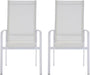 Pair of Chintaly Malibu outdoor chairs with white mesh sling seats and aluminum frames, set of two for patio seating.