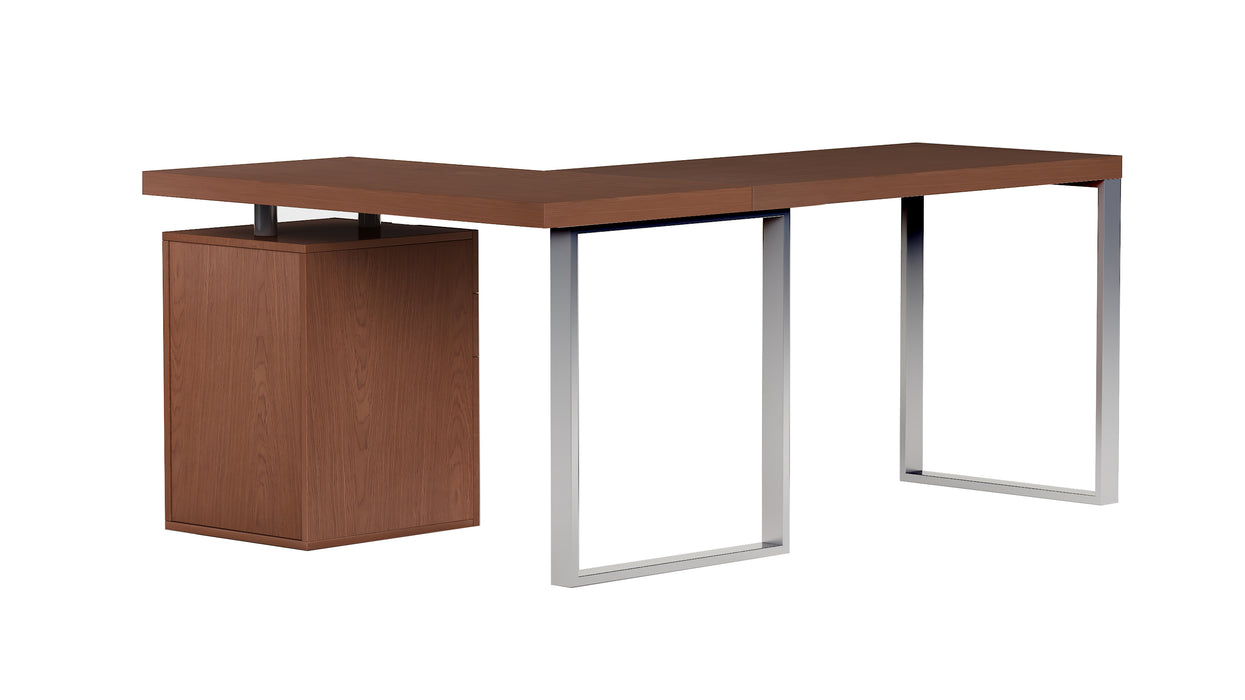 Reversible wooden home office desk with walnut veneer finish, three-drawer cabinet, and polished stainless steel legs by Chintaly.