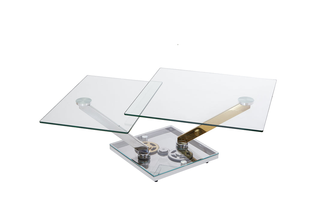 Contemporary Motion-Extendable Glass Top Cocktail Table | Clear Glass with Polished SS & Brass