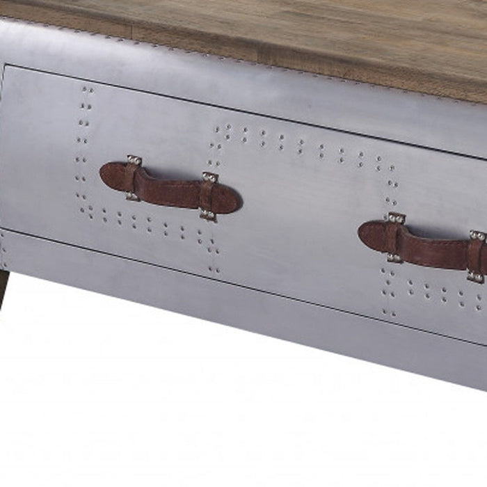 Solid Wood And Aluminum Coffee Table With Drawer - Brown And Gray