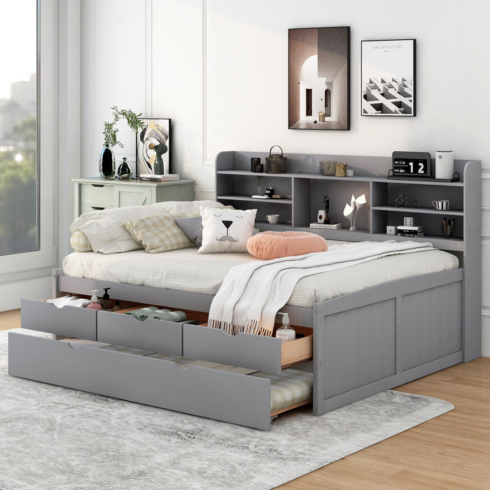 Giga Captain bed with built-in bookshelves, three storage drawers, and a trundle bed for versatile bedroom storage and sleeping space.