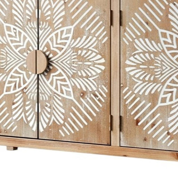 Wood Carved Floral Accent Cabinet With Four Doors - Brown / White