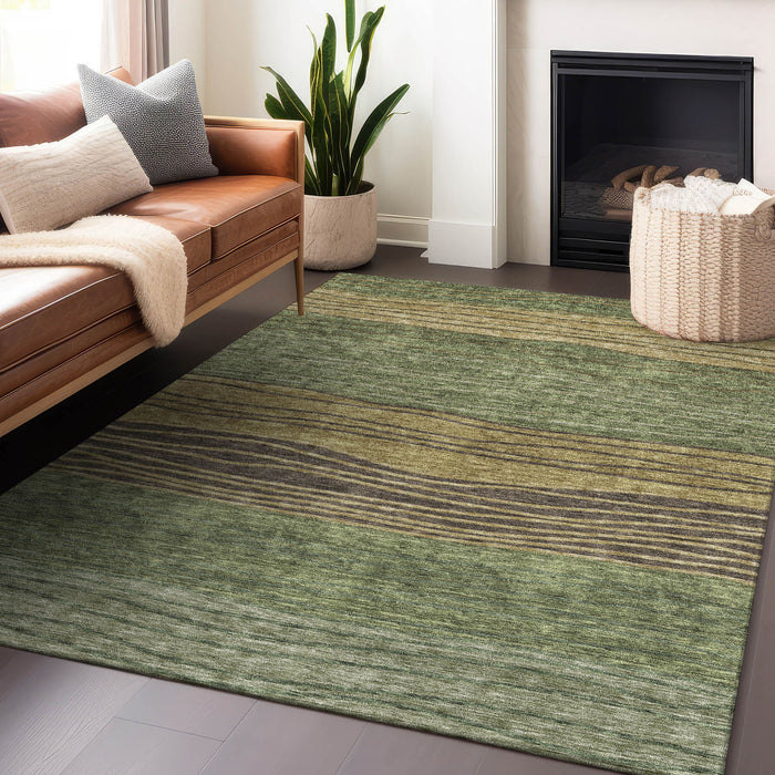 8' X 10' Striped Washable Area Rug With UV Protection - Olive Green
