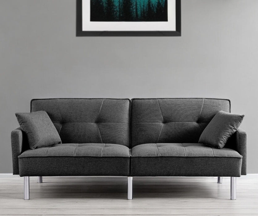 Polyester Blend Convertible Futon Sleeper Sofa And Toss Pillows With Silver Legs - Dark Gray