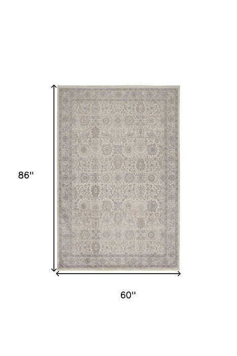 5' x 7' Oriental Power Loom Worn Faded Area Rug With Fringe - Gray And Ivory