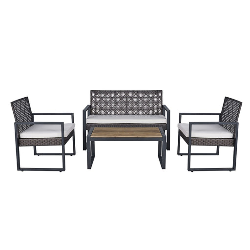 Giga 4-piece outdoor patio furniture set with acacia wood table and cushioned seats, perfect for outdoor dining and lounging.