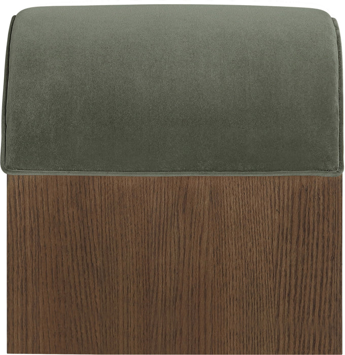 Meridian Furniture Sable velvet upholstered bench with plush cushioning and wooden legs, ideal for living room or entryway decor.