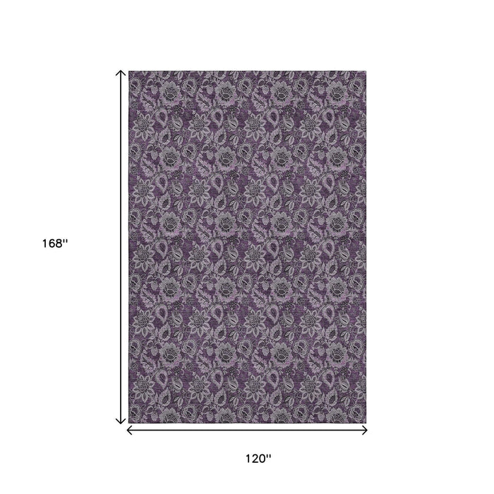 10' X 14' Floral Washable Area Rug With UV Protection (655054) - Eggplant / Gray