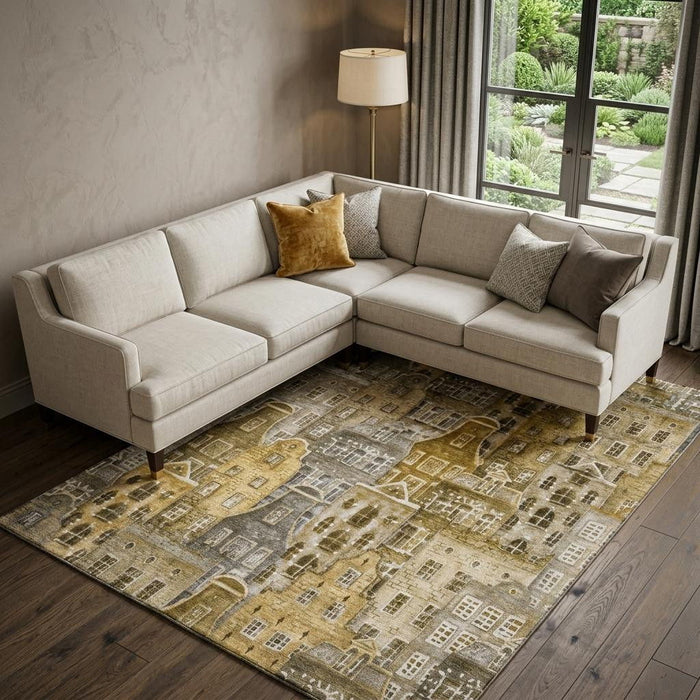 9' X 12' Abstract Geometric Washable Area Rug With UV Protection (650865) - Brown / Gray / Ivory