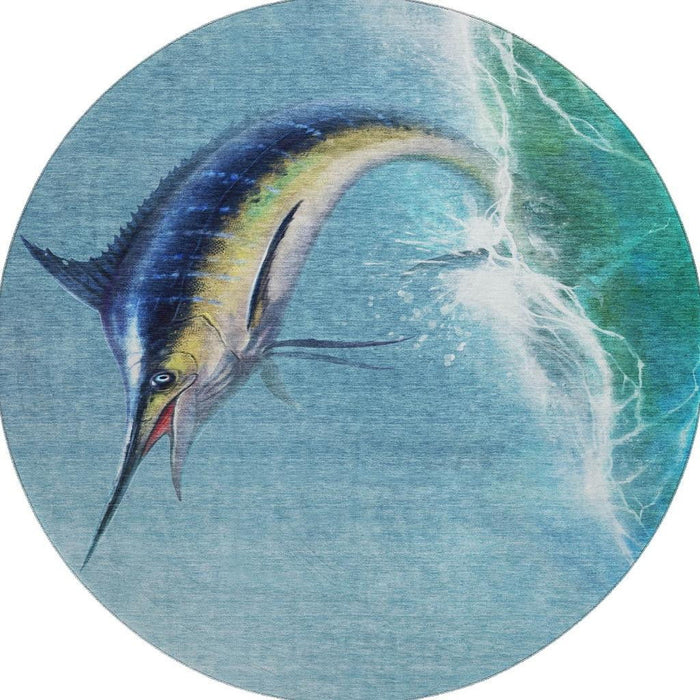 8' Nautical Washable Round Rug With UV Protection - Caribbean Blue