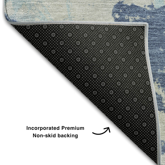 10' X 14' Floral Washable Area Rug With UV Protection (670351) - Navy Blue / Silver / Sky Blue