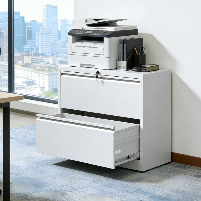 Giga white lateral file cabinet with two drawers, locking and anti-tip feature, suitable for letter, legal, and A4 files.
