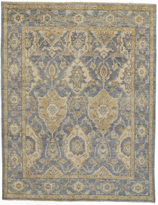 5' x 8' Wool Floral Hand Knotted Stain Resistant Area Rug With Fringe - Blue Gold And Tan