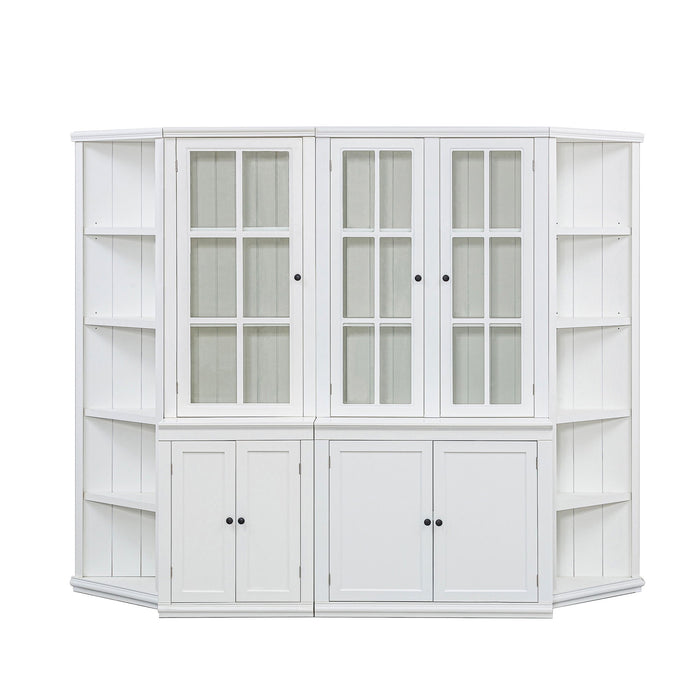 Giga retro style wall display cabinet with glass doors, 75.25" tall, featuring triangle-sided bookshelves in white.