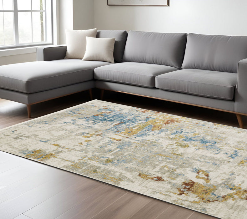 6' x 9' Abstract Power Loom Stain Resistant Area Rug With Fringe - Beige Gray Gold Blue Rust And Teal