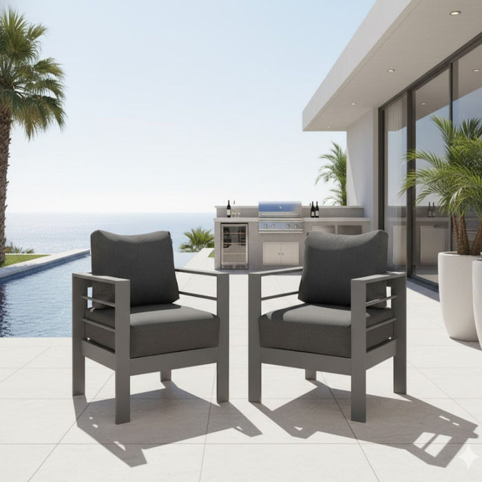 Set of two Giga gray patio armchairs with thick cushions, all-weather outdoor chairs for comfortable seating.