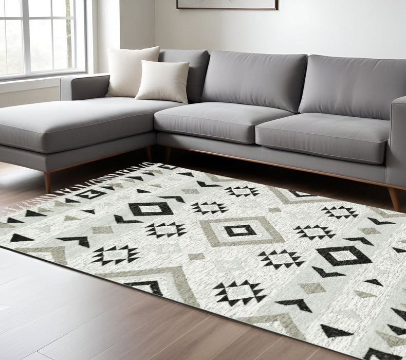 9' X 12' Wool Tribal Flatweave Handmade Area Rug With Fringe - Silver