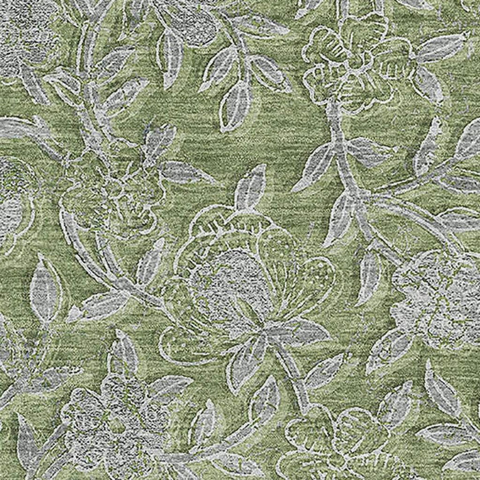 8' X 10' Floral Washable Area Rug With UV Protection - Olive Green And Gray