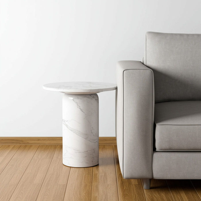 16" Marble And Wood Round Pedestal End Table - White