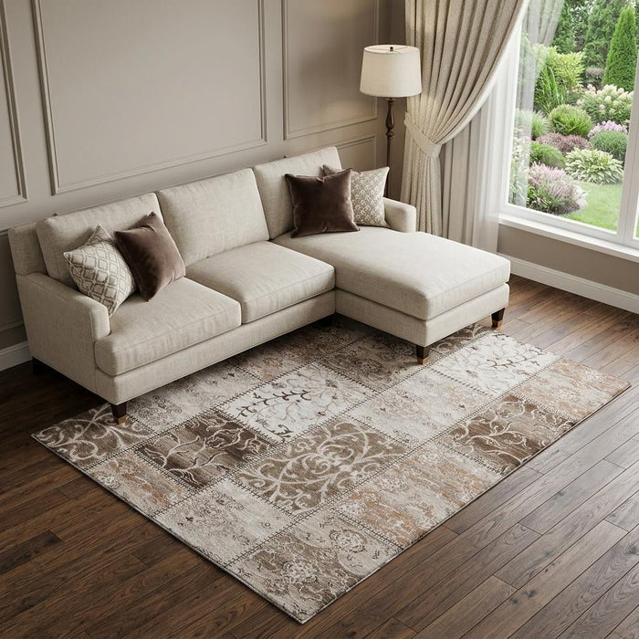 10' X 14' Patchwork Distressed Washable Area Rug With UV Protection (649552) - Beige / Ivory