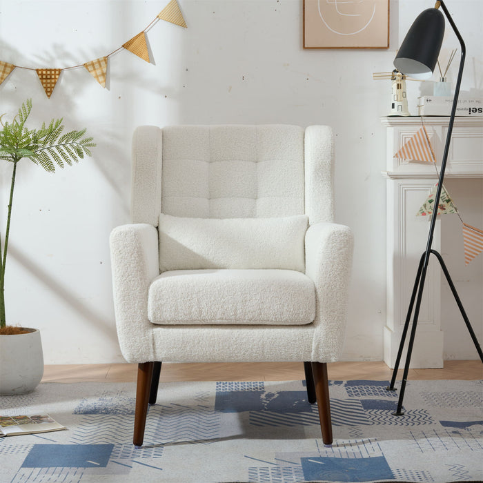 Giga modern upholstered accent armchair with soft padding, wooden legs, and pillow, ideal for living rooms or bedrooms.