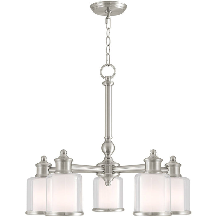 Five Light Metal Dimmable Chandelier With Shades - Nickel / Clear / Opal