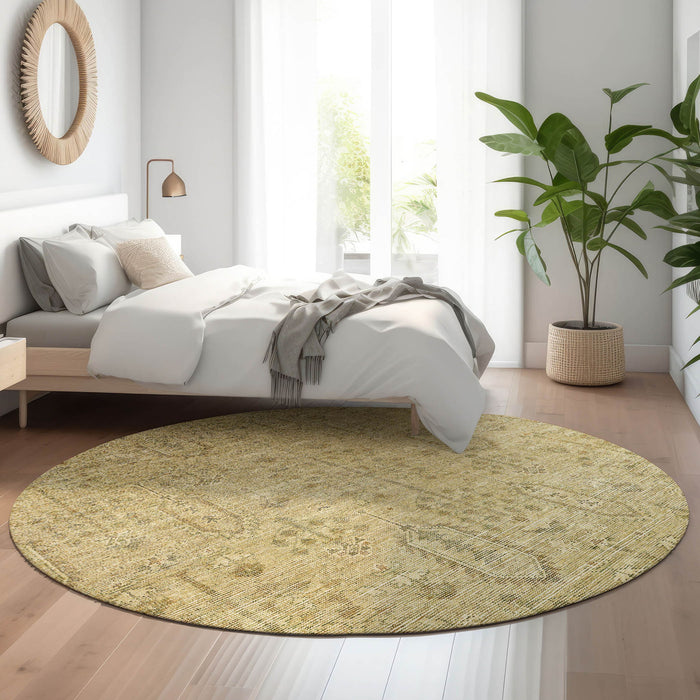 8' Southwestern Washable Round Rug With UV Protection - Gold And Taupe