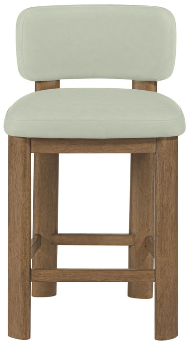 Set of two Meridian Furniture Paloma faux leather counter stools with brown frames, featuring upholstered seats and modern design.