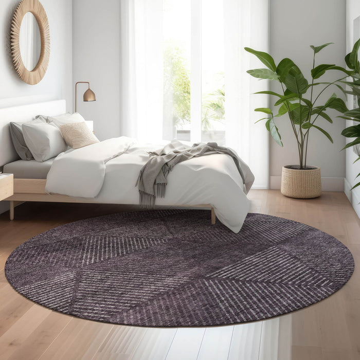 8' Geometric Washable Round Rug With UV Protection - Eggplant And Gray